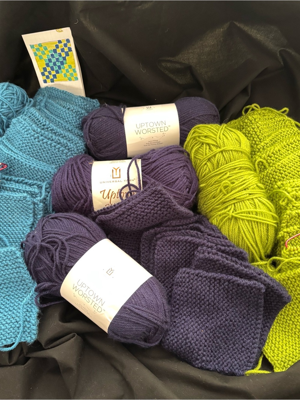 Yarn Patchwork Knitting Project Teal Dark Blue Lime Green Squares to be finished - Picture 4 of 12